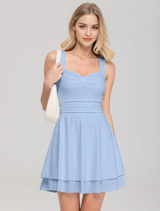Sweet Square Neck Wide Strap Ruched Waist Tiered Ruffle Mini Party Dress