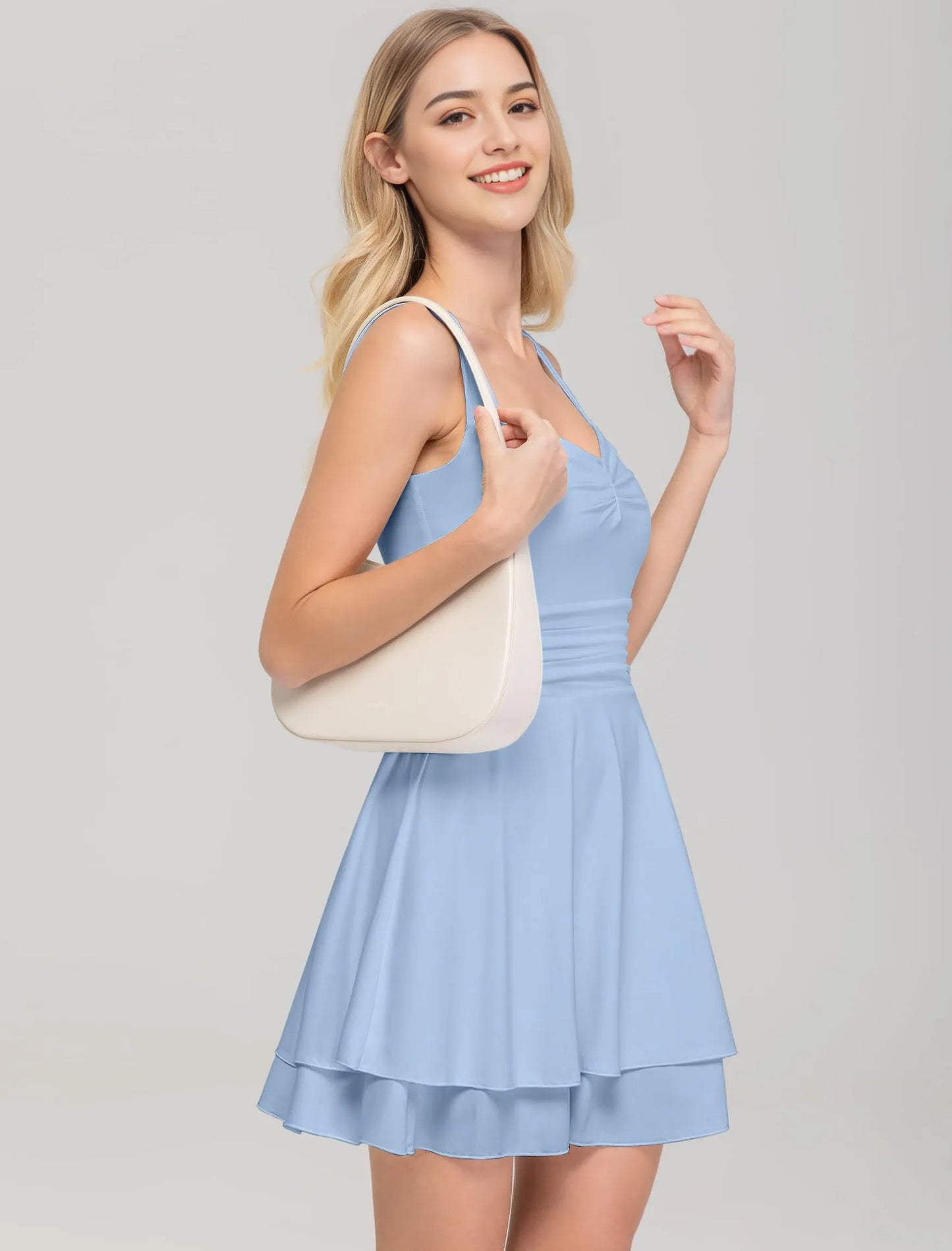 Sweet Square Neck Wide Strap Ruched Waist Tiered Ruffle Mini Party Dress