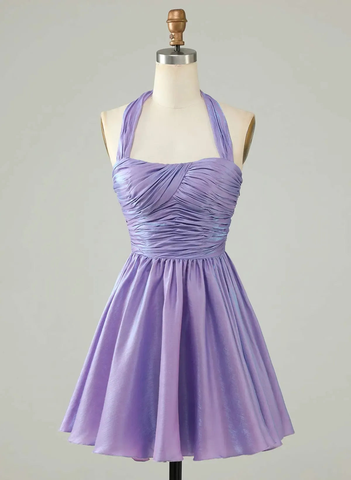 Sweet A-Line Halter Ruched Open Back Lavender Short Homecoming Dress For Ladies