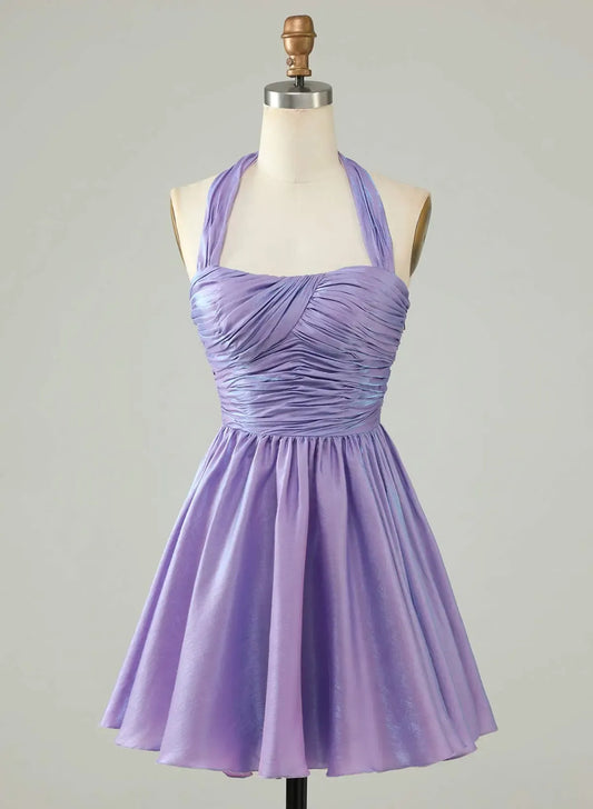Sweet A-Line Halter Ruched Open Back Lavender Short Homecoming Dress For Ladies
