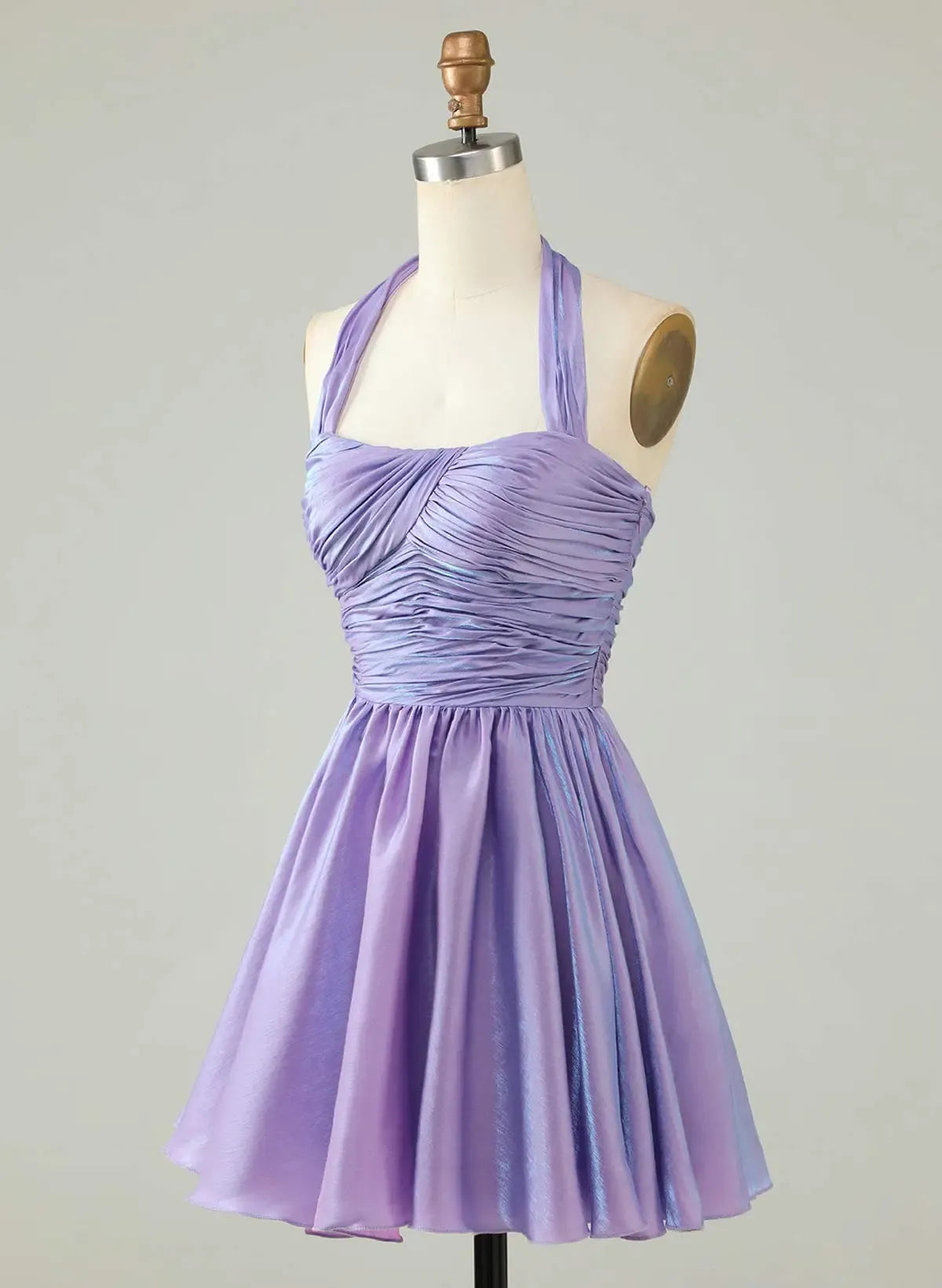 Sweet A-Line Halter Ruched Open Back Lavender Short Homecoming Dress For Ladies
