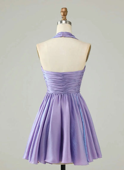 Sweet A-Line Halter Ruched Open Back Lavender Short Homecoming Dress For Ladies