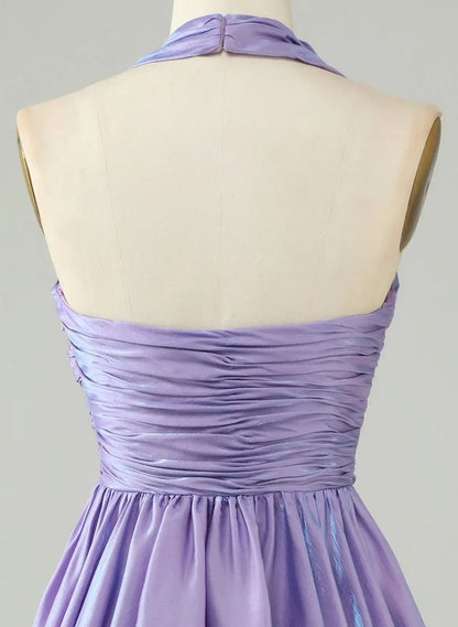 Sweet A-Line Halter Ruched Open Back Lavender Short Homecoming Dress For Ladies