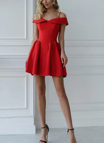 Sweet A-Line Off-Shoulder Pleated Red Mini Homecoming Dress Ready To Ship
