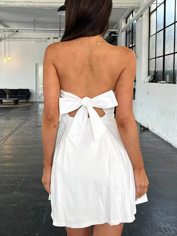 Sweet A-Line Strapless Back-Bow Solid Color White Mini Homecoming Dress Hot Sale