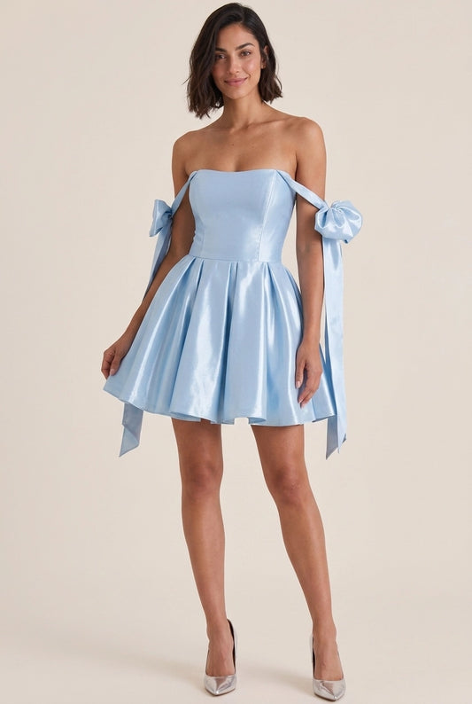 Sweet A-Line Off-Shoulder Bow Satin Light Blue Mini Homecoming Dress For Ladies