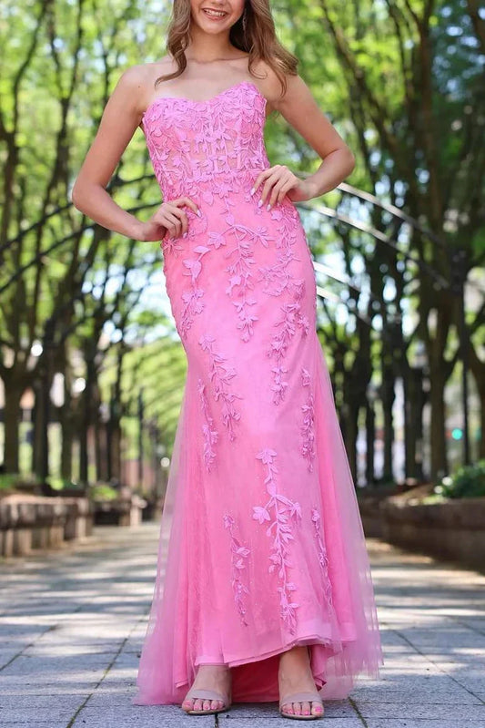 Sweetheart Lace Pink Strapless Formal Dress for Women Appliques