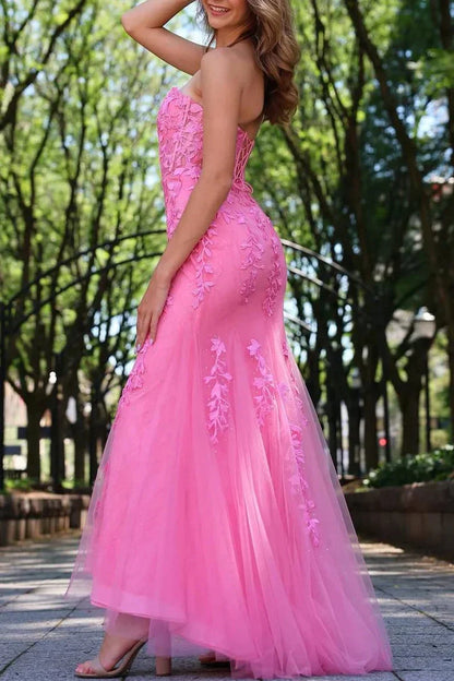 Sweetheart Lace Pink Strapless Formal Dress for Women Appliques