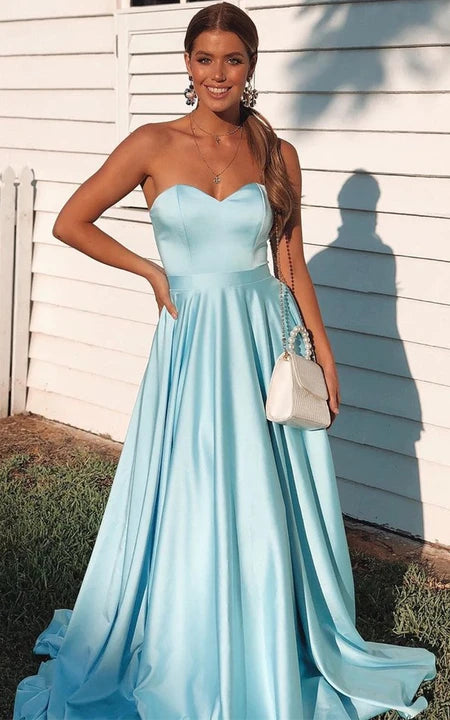 Sweetheart Sweep Train A Line Sleeveless Evening Dress with Ruffles Satin Prom Dress/Dress For Formal