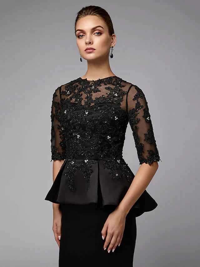 Mother of the Bride Dress Sexy See Through Jewel Neck Lace Satin Half Sleeve with Beading Appliques