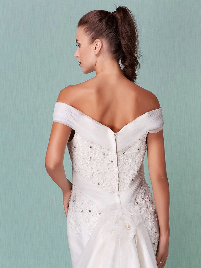Wedding Dresses Off Shoulder Chapel Train Organza Short Sleeve with Beading Appliques Crystal Floral