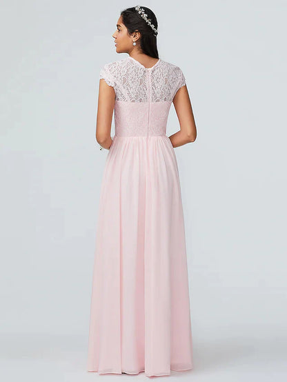 A-Line Jewel Neck Floor Length Chiffon Bridesmaid Dress with Lace Sparkle & Shine