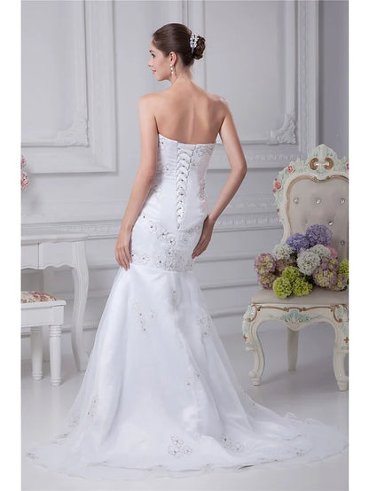 Wedding Dresses Strapless Chapel Train Organza Satin Strapless with Beading EmbroideryWedding Dresses Strapless Chapel Train Organza Satin Strapless with Beading Embroidery