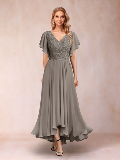 A-Line/Princess V-Neck Short Sleeves Long Evening Dresses Chiffon Mother of the Bride Dresse with Appliques