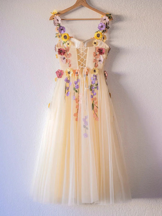 Tea Length Floral Prom Dresses Champagne Tulle 3D Flowers