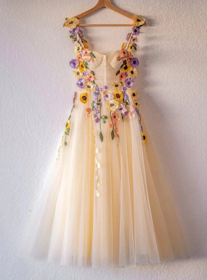 Tea Length Floral Prom Dresses Champagne Tulle 3D Flowers