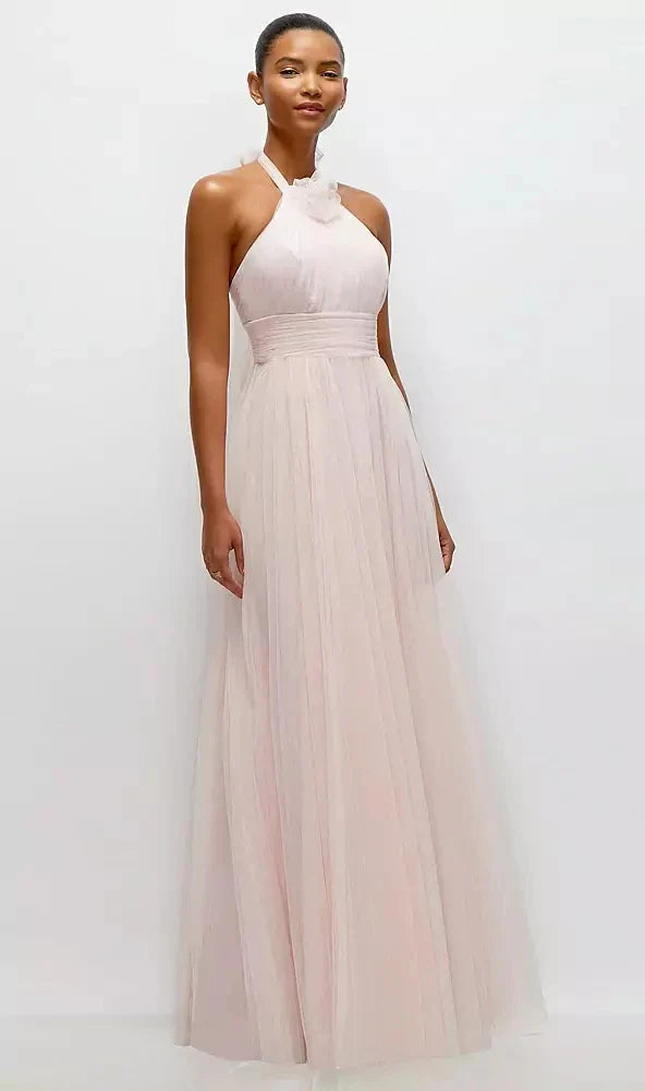 Tie-Back Halter Tulle Maxi Dress with Full Skirt & Rosette Detail in Ballet Pink
