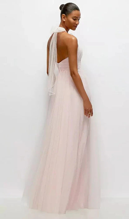 Tie-Back Halter Tulle Maxi Dress with Full Skirt & Rosette Detail in Ballet Pink