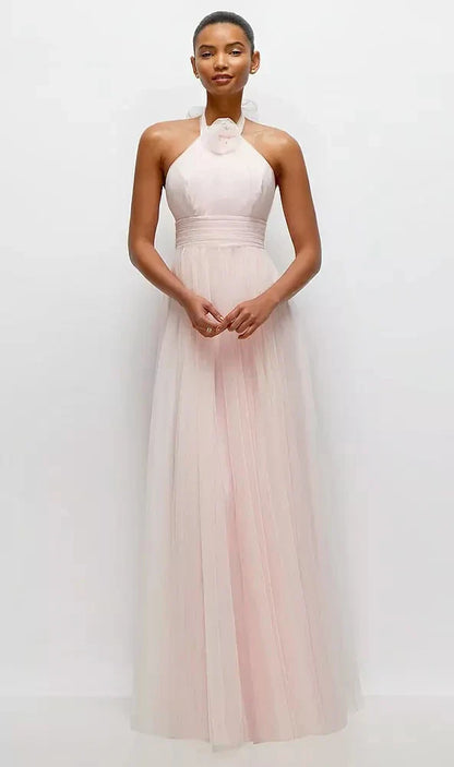 Tie-Back Halter Tulle Maxi Dress with Full Skirt & Rosette Detail in Ballet Pink