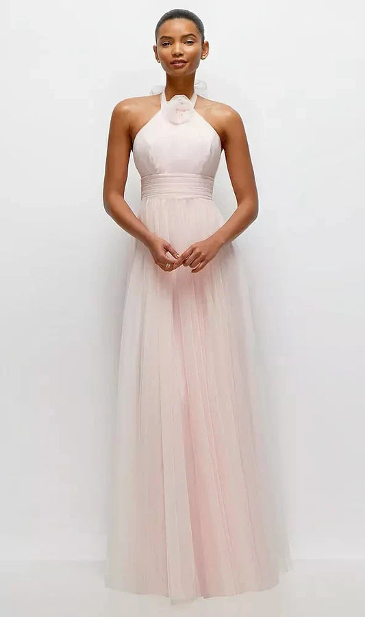 Tie-Back Halter Tulle Maxi Dress with Full Skirt & Rosette Detail in Ballet Pink