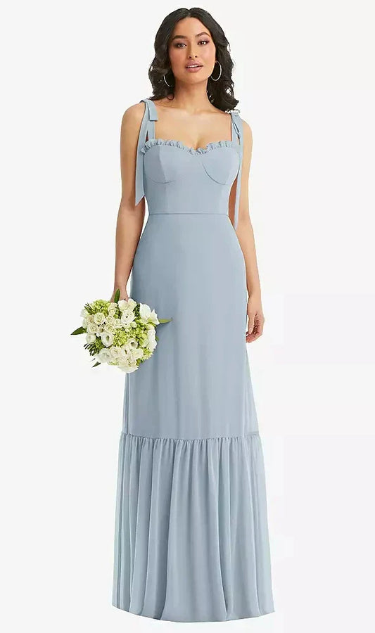 Tie-Shoulder Bustier Bodice Ruffle-Hem Maxi Dress in Mist