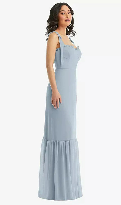 Tie-Shoulder Bustier Bodice Ruffle-Hem Maxi Dress in Mist