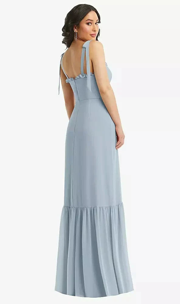 Tie-Shoulder Bustier Bodice Ruffle-Hem Maxi Dress in Mist