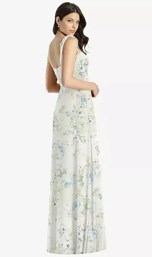 Tie-Shoulder Chiffon Maxi Dress with Front Slit in Bleu Garden