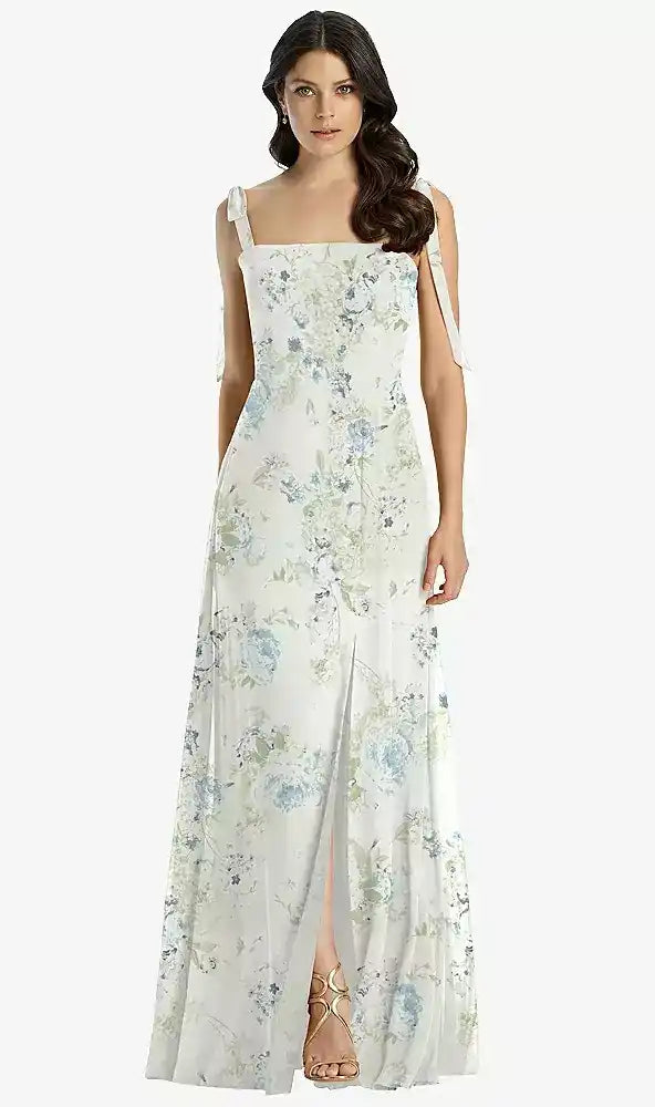 Tie-Shoulder Chiffon Maxi Dress with Front Slit in Bleu Garden