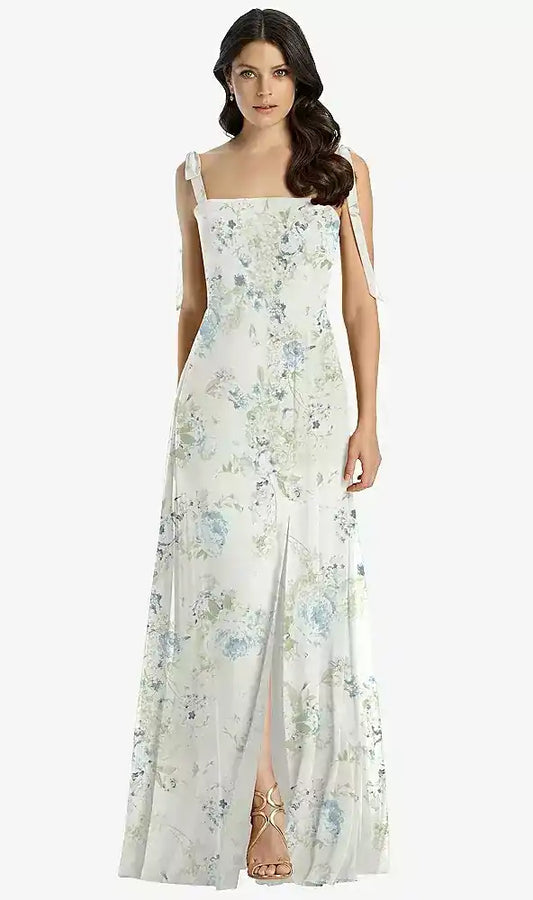 Tie-Shoulder Chiffon Maxi Dress with Front Slit in Bleu Garden