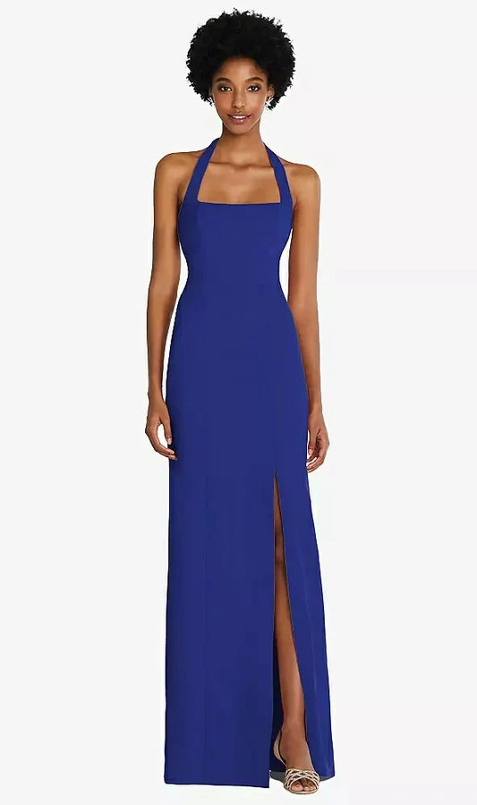 Tie Halter Open Back Trumpet Gown in Cobalt Blue