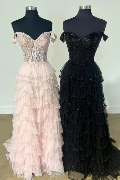 Tiered Prom Dresses Champagne Ruffle Off the Shoulder Sequin