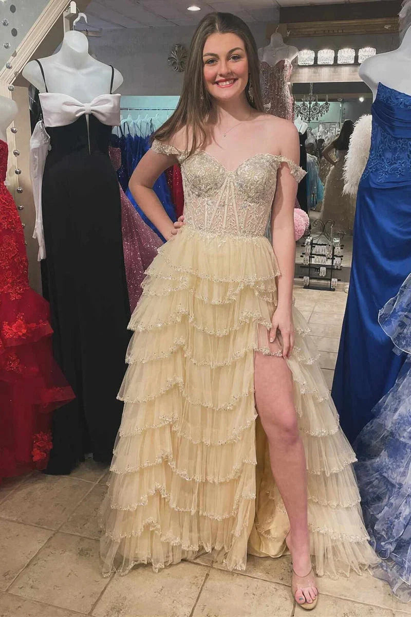 Tiered Prom Dresses Champagne Ruffle Off the Shoulder Sequin