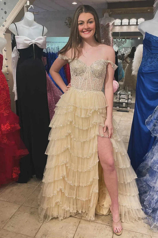 Tiered Prom Dresses Champagne Ruffle Off the Shoulder Sequin