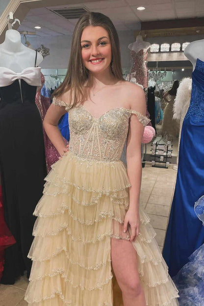 Tiered Prom Dresses Champagne Ruffle Off the Shoulder Sequin