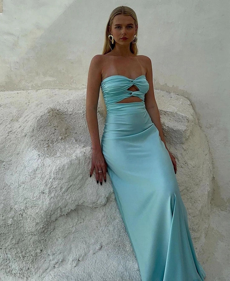 Full-length view of a Tiffany aqua blue silk satin strapless prom dress on a model.