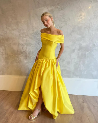 Timeless Off-the-Shoulder Corset Ruffle High Low Satin A-Line Ball Gown