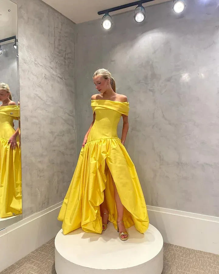Timeless Off-the-Shoulder Corset Ruffle High Low Satin A-Line Ball Gown