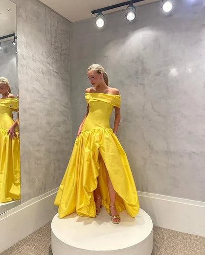 Timeless Off-the-Shoulder Corset Ruffle High Low Satin A-Line Ball Gown