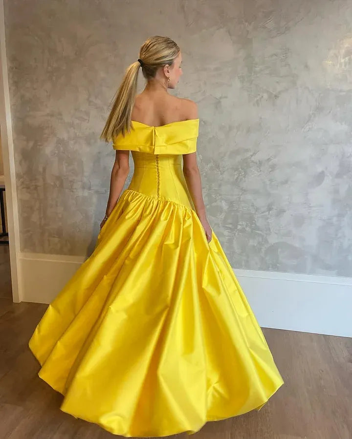 Timeless Off-the-Shoulder Corset Ruffle High Low Satin A-Line Ball Gown