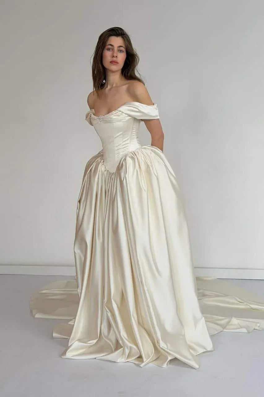 Timeless Off-the-Shoulder Satin Corset Ball Gown Wedding Dress with Train