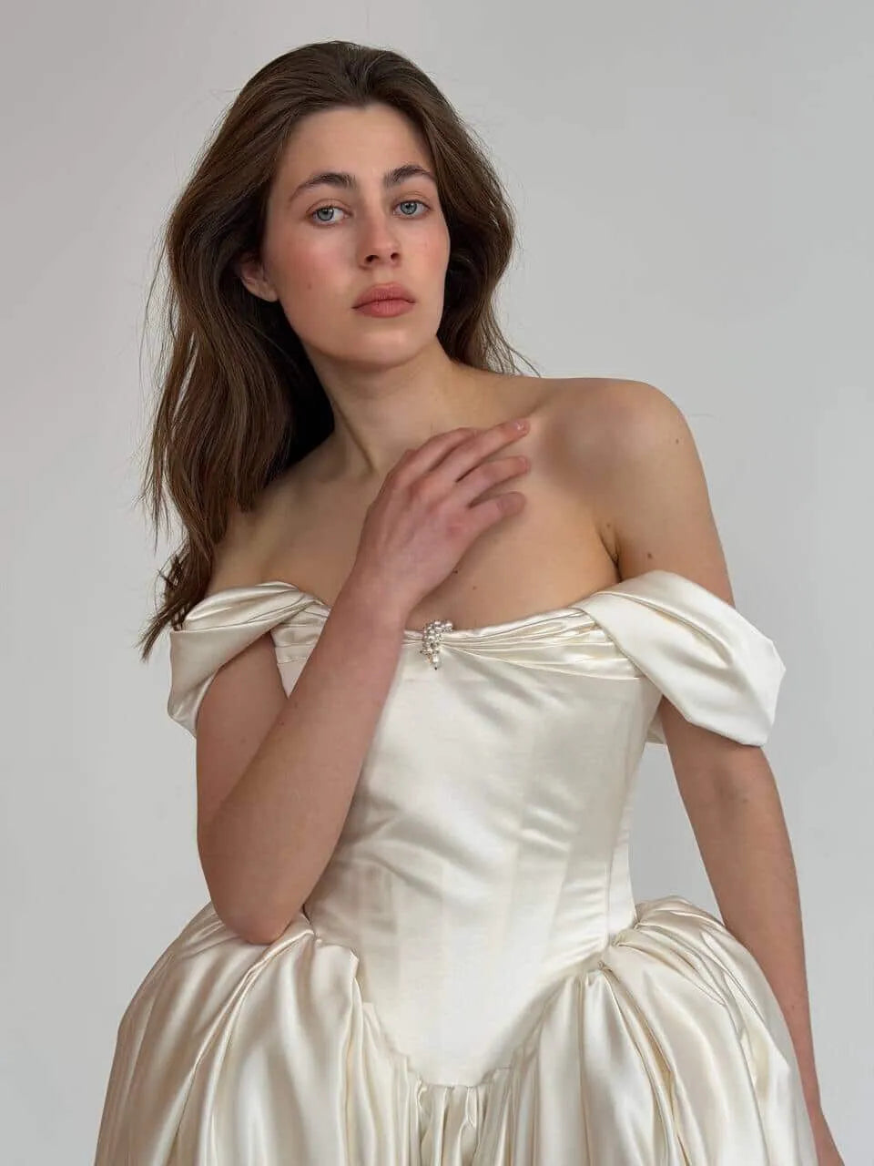 Timeless Off-the-Shoulder Satin Corset Ball Gown Wedding Dress with Train