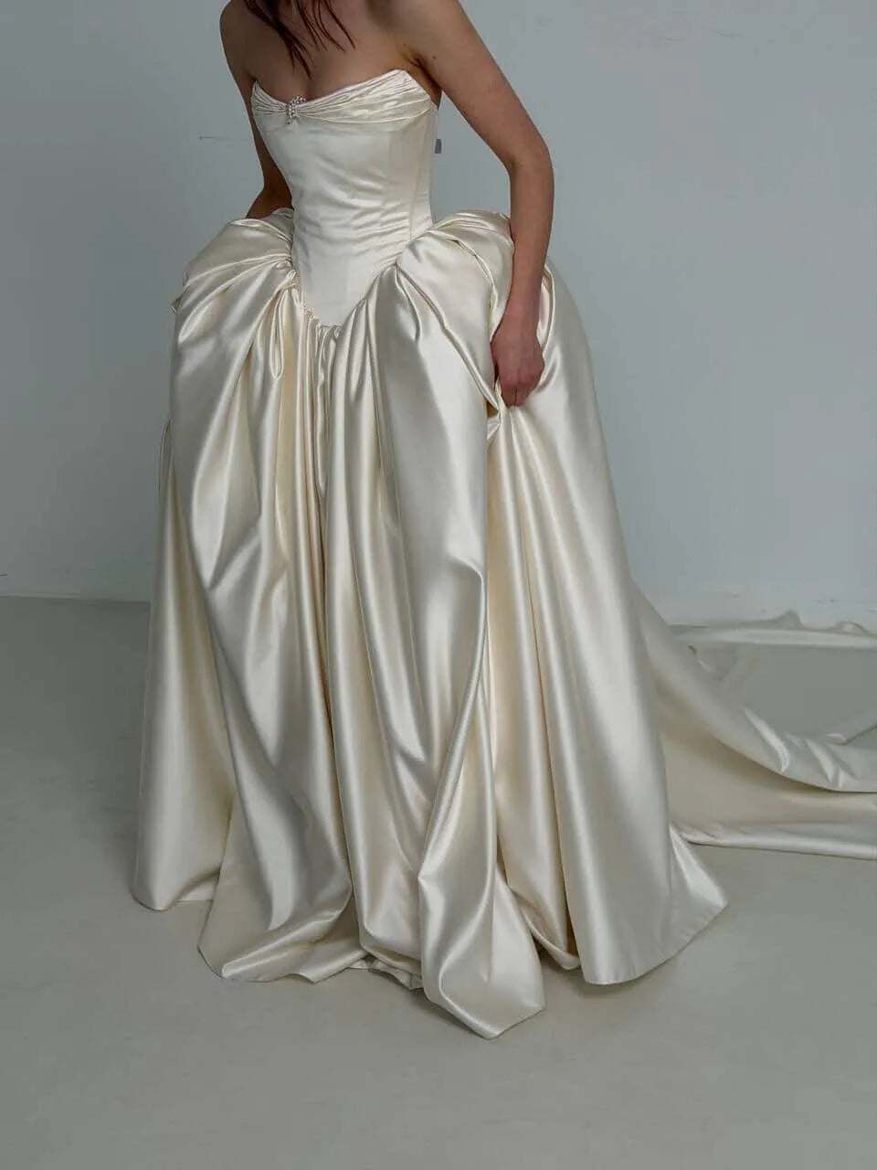 Timeless Off-the-Shoulder Satin Corset Ball Gown Wedding Dress with Train