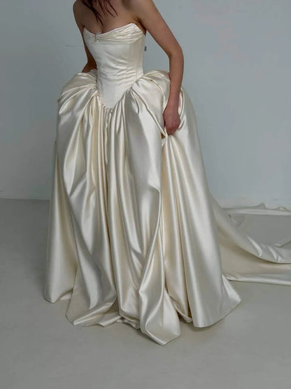 Timeless Off-the-Shoulder Satin Corset Ball Gown Wedding Dress with Train