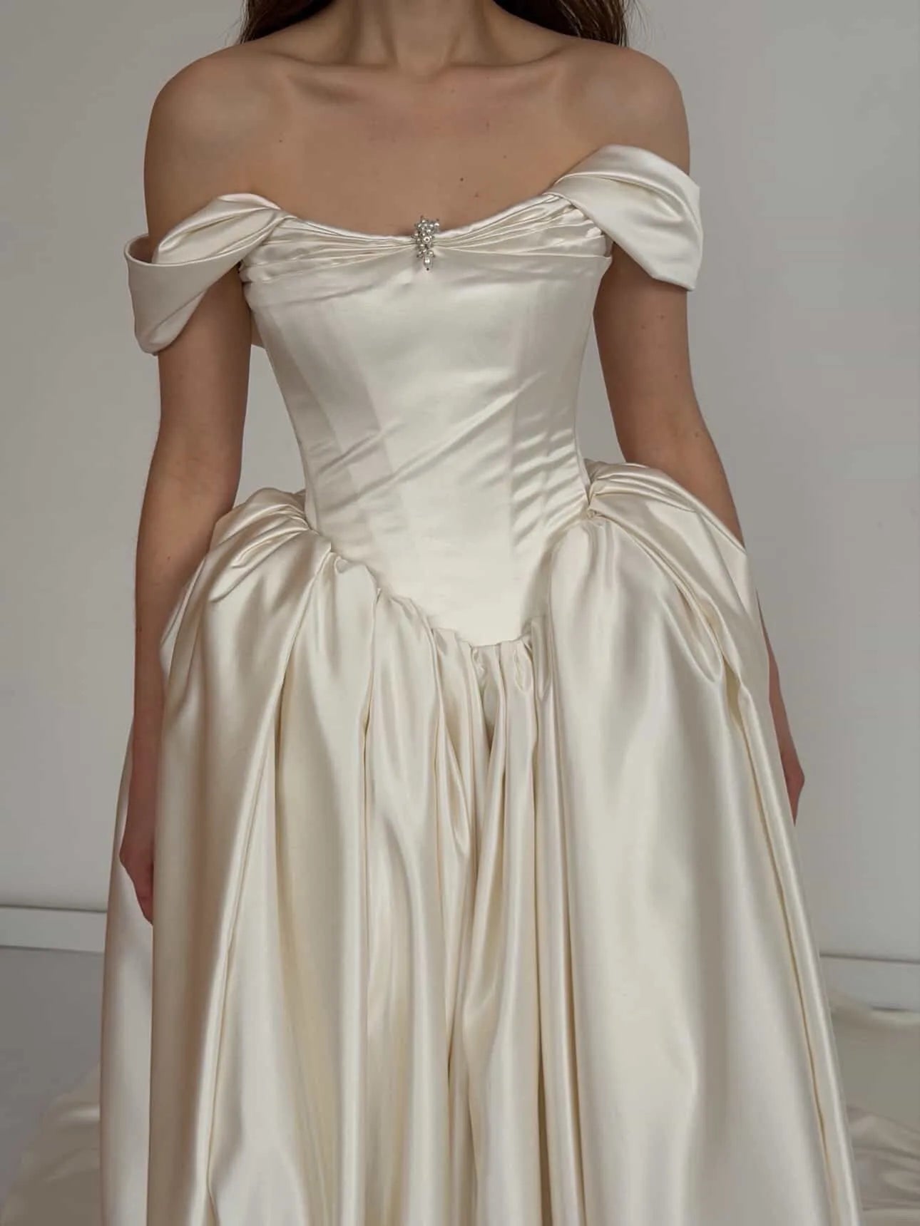 Timeless Off-the-Shoulder Satin Corset Ball Gown Wedding Dress with Train