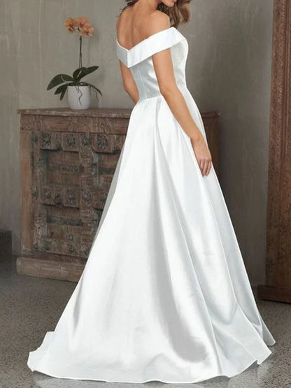 Timeless Off-Shoulder Satin White Floor-Length Wedding Dress