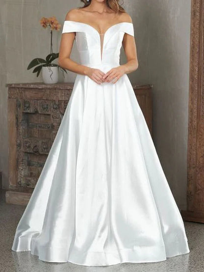 Timeless Off-Shoulder Satin White Floor-Length Wedding Dress