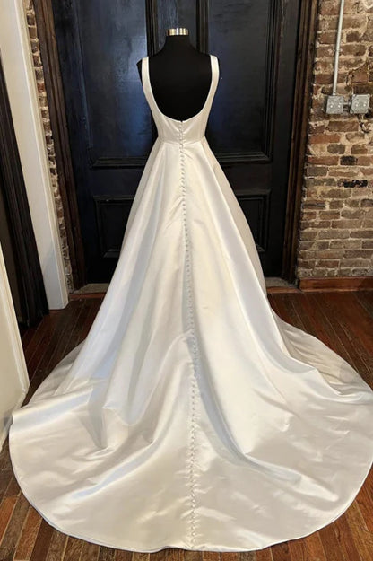 Timeless Square Neck Satin White Chapel Train Wedding Dress