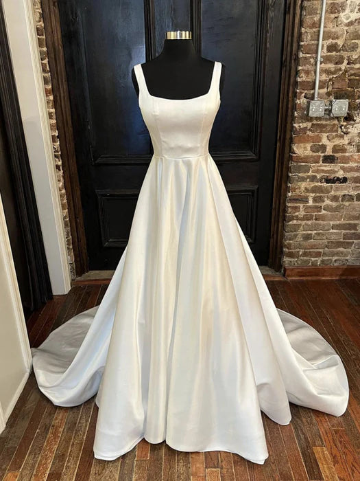 Timeless Square Neck Satin White Chapel Train Wedding Dress