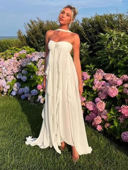 Trendy A-Line Reverse Halter Neck Backless Floor-Length Prom Dress